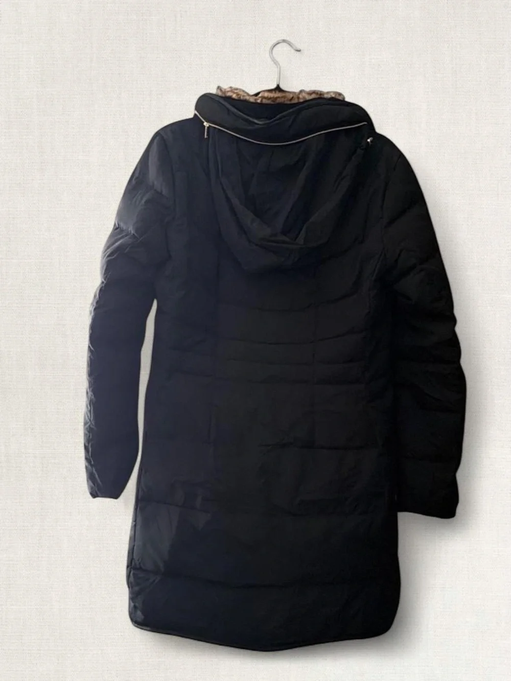 Cole Haan Black Quilted Puffer Coat with Faux Fur Hood Lining